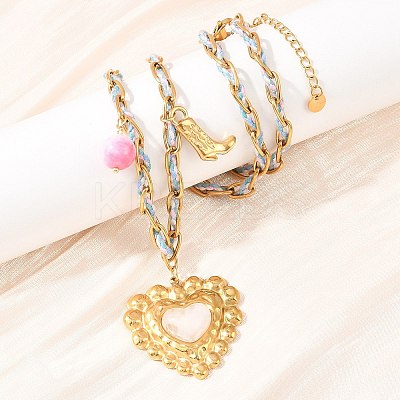 304 Stainless Steel with Glass & Resin Heart Pendant Polyester Rope Necklaces for Women NJEW-K252-12G-1