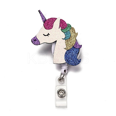 Unicorn Glitter Powder Felt & ABS Plastic Badge Reel AJEW-I053-39-1