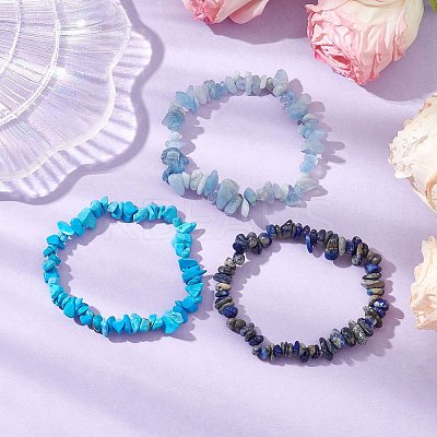 3Pcs Natural Aquamarine & Natural Lapis Lazuli & Synthetic Turquoise Chip Beaded Stretch Bracelet Sets BJEW-JB10861-1