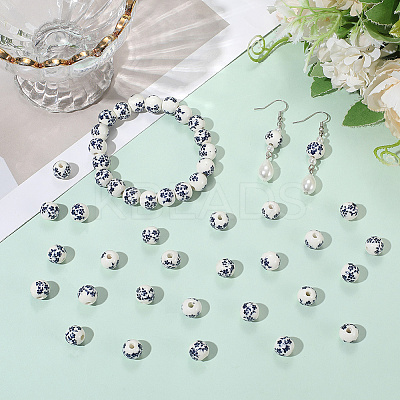 80Pcs Floral Printed Porcelain Beads PORC-SC0001-17-1