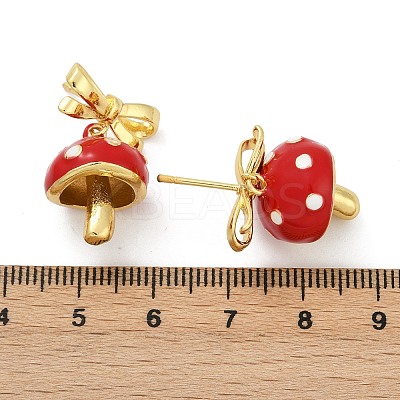 Mushroom with Bowknot Brass Enamel Dangle Stud Earrings EJEW-F895-25B-G-1