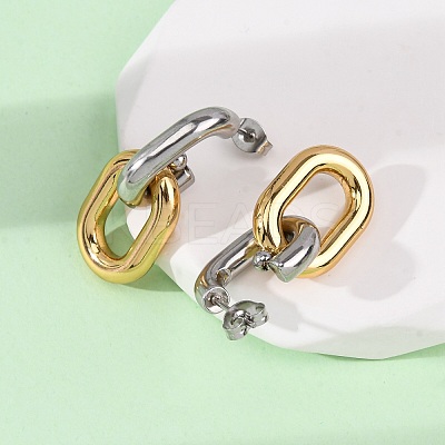 304 Stainless Steel Two Tone Oval Dangle Stud Earrings X-EJEW-L304-04GP-1