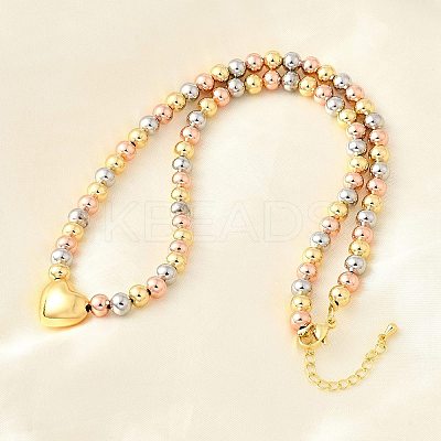 Three-color Brass Heart & Round Beaded Necklaces for Women NJEW-D314-10PG-1