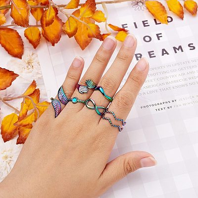 9Pcs 9 Style 304 Stainless Steel Hand & Infinite & Heart & Moon Cuff Rings RJEW-SZ0001-19-1