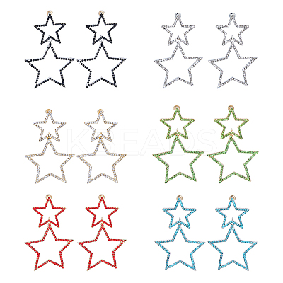 6 Pairs 6 Colors Alloy Hollow Star Dangle Stud Earrings with Rhinestone for Women EJEW-FI0001-87-1