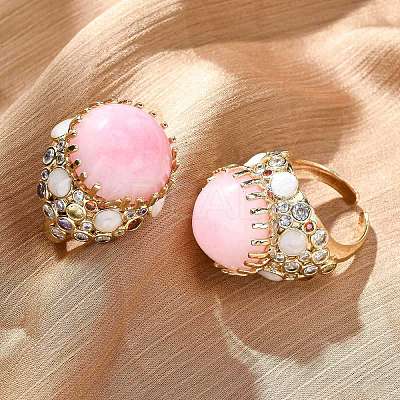 Half Round Natural Gemstone Cubic Zirconia Cuff Rings RJEW-M076-01G-1
