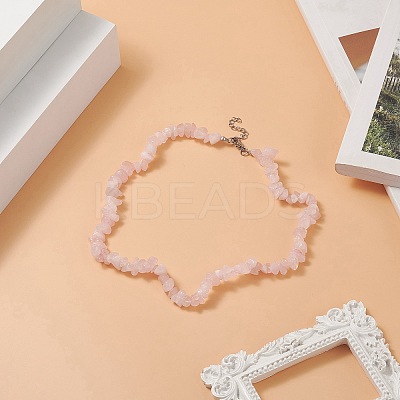 Natural Rose Quartz Chip Beaded Necklaces with 304 Stainless Steel Lobster Claw Clasp & Chain Extender NJEW-JN04225-01-1