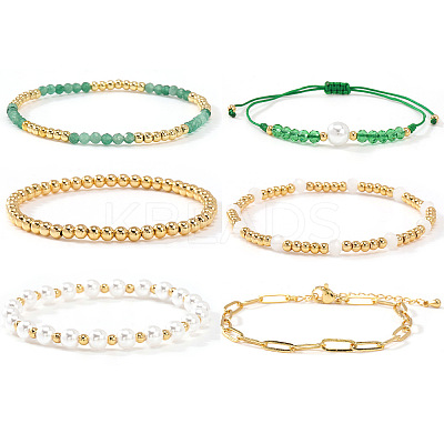 6Pcs 6 Styles Adjustable White Round Imitation Pearl & Glass & Brass Beaded Stretch Bracelet Sets HI6253-1-1