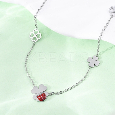 304 Stainless Steel FireBrick Enamel Ladybug Clover Link Chain Necklaces NJEW-R026-11P-1