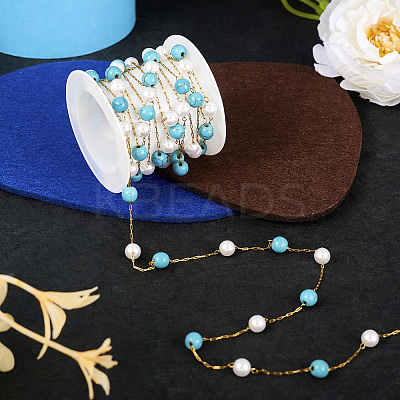 Synthetic Turquoise & Glass Round Bead Link Chains CHS-TA0001-49-1