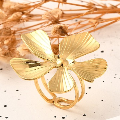 Flower 304 Stainless Steel Open Cuff Ring for Women RJEW-R006-03G-01-1