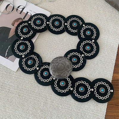 Western Retro PU Leather & Resin Imitation Gemstone Disc Chain Belts with Alloy Buckles AJEW-WH20060-33-1