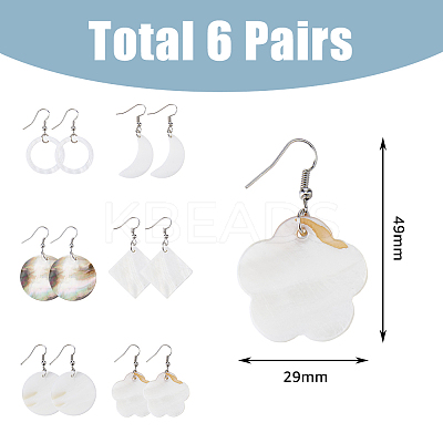 6 Pairs 6 Style Natural Shell Geometry Dangle Earrings EJEW-FI0001-79-1
