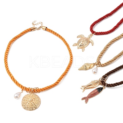 4Pcs 4 Styles Alloy Fish Starfish Shell Shape Pendant Cotton Cord Necklaces for Women NJEW-F357-01KCG-1