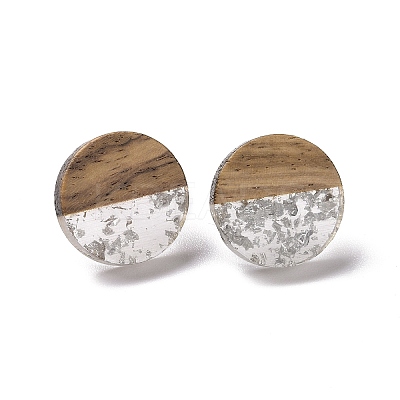 Resin & Walnut Wood Flat Round Stud Earrings with 304 Stainless Steel Pin for Women EJEW-N017-010-1