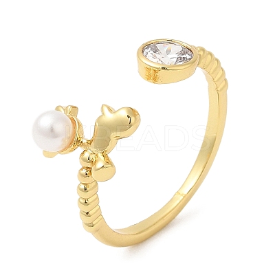 Plastic Pearl Christmas Deer Open Cuff Ring with Cubic Zirconia RJEW-R139-01G-1