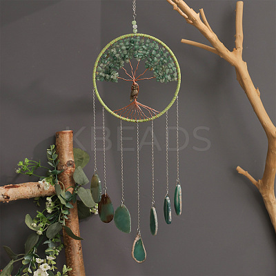 Brass Wire Wrapped Natural Green Aventurine Chips Tree of Life Pendant Decorations HJEW-D302-03-1
