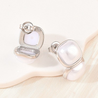 304 Stainless Steel & ABS Imitation Pearl Square Stud Earrings EJEW-Z155-02P-1