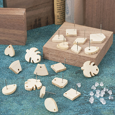 32Pcs 8 Style Ash Wood Stud Earring Findings EJEW-TA0001-16V-1