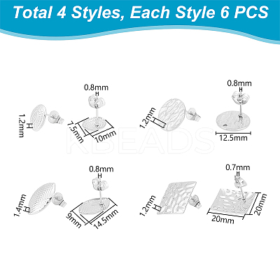 24Pcs 4 Style Round Oval Rhombus 304 Stainless Steel Stud Earring Findings STAS-UN0056-21-1