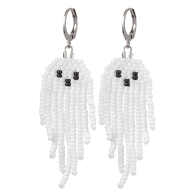 Halloween Woven MIYUKI Seed Beads Ghost Hoop Earrings EJEW-JE05854-01-1