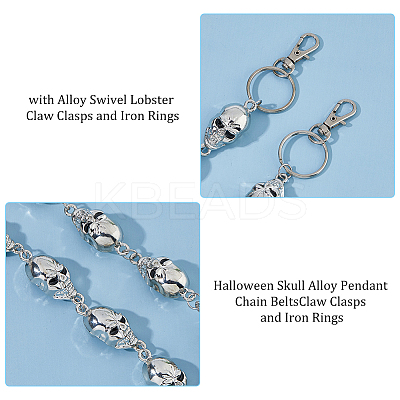 2Pcs 2 Styles Halloween Skull Alloy Pendant Chain Belts HJEW-HS00032-1