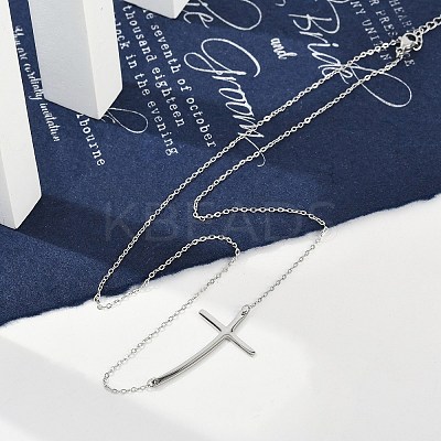 304 Stainless Steel Religion Curved Cross Pendant Cable Chain Necklaces for Women NJEW-P320-13P-1