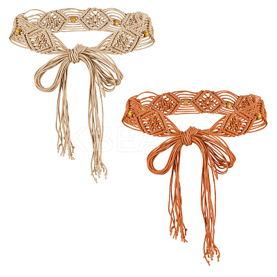 2Pcs 2 Colors Wax Cord Knitted Rhombus Chain Belt with Wood Beaded AJEW-GA0006-24-1