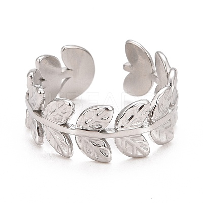 Non-Tarnish 304 Stainless Steel Leaf Wrap Open Cuff Ring for Women LS-RJEW-C025-16P-1