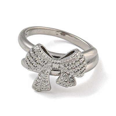Bowknot Brass Micro Pave Clear Cubic Zirconia Double Rings RJEW-Z050-25P-1