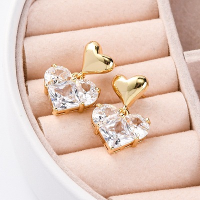 Rack Plating Heart Brass Micro Pave Clear Cubic Zirconia Dangle Stud Earrings EJEW-H147-18G-1
