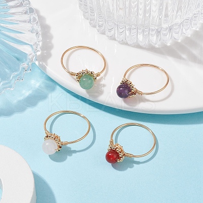 Natural Mixed Gemstone Round Beads Finger Ring RJEW-JR00602-1