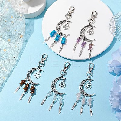 Tibetan Style Alloy Moon with Feather Pendant Decorations HJEW-JM02322-1