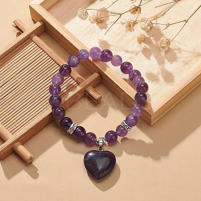 Natural Amethyst Round Beaded Stretch Bracelet with Heart Charm BJEW-JB09019-02-1