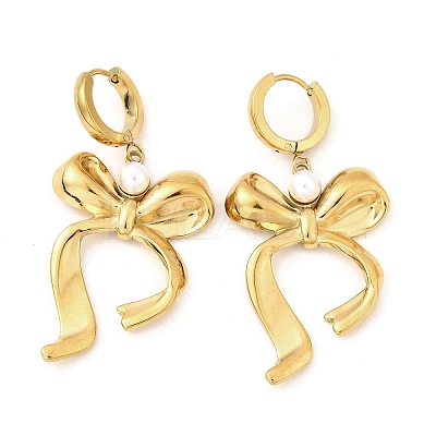 Bowknot 304 Stainless Steel Plstic Imitation Pearl Hoop Earrings for Women EJEW-U068-03G-1