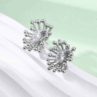Flower Brass Clear Cubic Zirconia Stud Earrings EJEW-R025-22P-1