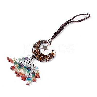Natural Tiger Eye Moon with Mixed Gemstone Chips Tassel Pendant Decorations G-L524-07R-A03-1
