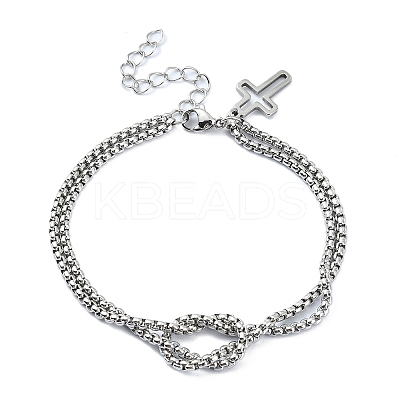 Tarnish Resistant 304 Stainless Steel Hollow Cross Charm Bracelet with Double Layer Box Chains BJEW-A002-01P-1
