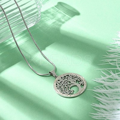 201 Stainless Steel Crystal Rhinestone Tree of Life Pendant Necklaces for Women NJEW-P327-03P-1