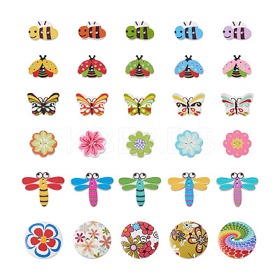 300Pcs 6 Style Painted Poplar Wood Buttons FIND-MP0001-08-1