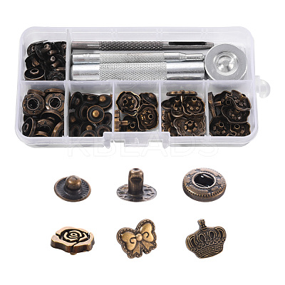 18 Sets Crown & Bowknot & Rose Flower Brass Leather Snap Buttons Fastener Kits SNAP-YW0001-05AB-1