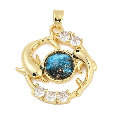 Brass Micro Pave Clear Cubic Zirconia with Glass Pendants KK-G524-01G-05-1
