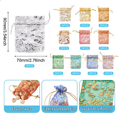 55Pcs 11 Colors Rose Printed Organza Drawstring Bags OP-TA0001-15C-1
