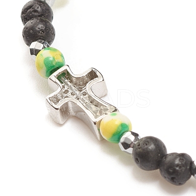 Natural & Synthetic Mixed Gemstone Beaded Stretch Bracelet with Clear Cubic Zirconia Cross for Women BJEW-JB08247-02-1