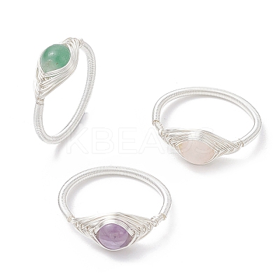 Horse Eye Natural Green Aventurine & Amethyst & Rose Quartz Finger Rings RJEW-JR00843-02-1