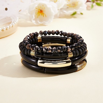 4Pcs 4 Style Acrylic Chunky Curved Tube Stretch Bracelet Sets BJEW-SW00074-02-1