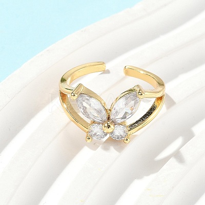 Brass Micro Pave Clear Cubic Zirconia Cuff Rings for Women RJEW-D307-01G-C-1