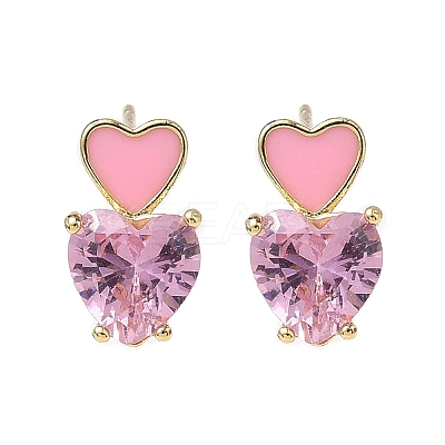 Heart Brass Cubic Zirconia Stud Earrings EJEW-A132-05G-1