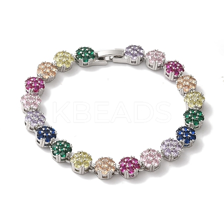 Rack Plating Brass Pave Cubic Zirconia Flower Link Chain Bracelets for Women BJEW-A018-03P-02-1