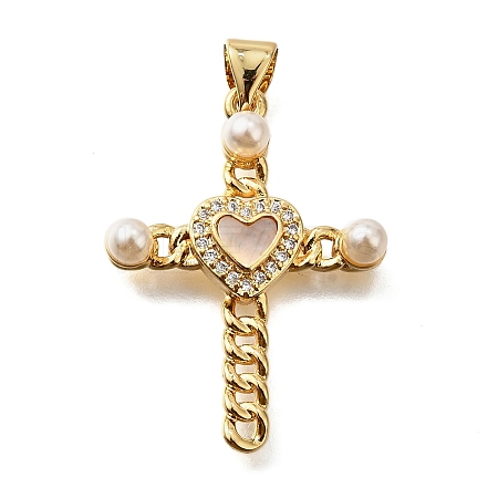 Brass Micro Pave Cubic Zirconia ABS Imitation Pearl Pendants KK-D328-03G-A-1